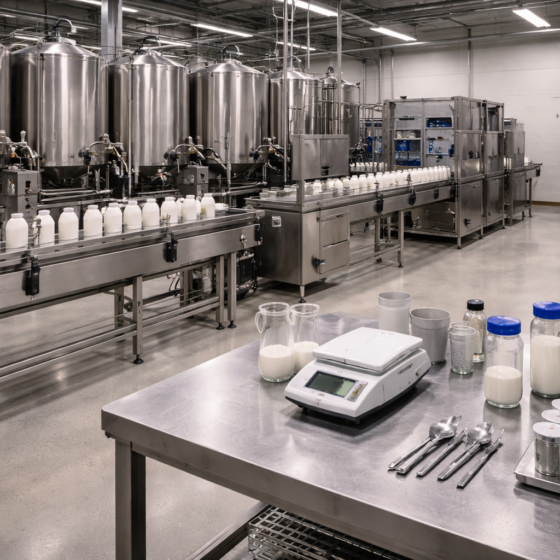 Modern dairy processing line with stainless steel tanks and unlabeled milk bottles, dry matte floor, no text