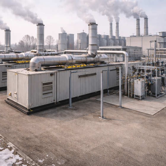 Outdoor site with modern modular gas generator containers and a compact substation in winter daylight, no text