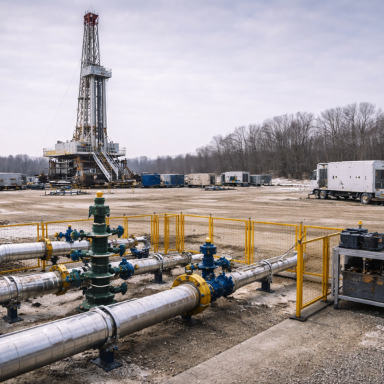 Winter onshore gas drilling site with modern rig and pipelines, dry matte surfaces, no text