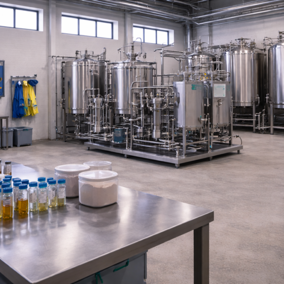Agrifood innovation pilot facility with stainless processing equipment and fermentation tanks in winter daylight, no text