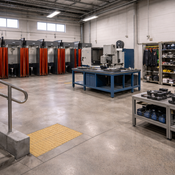 Vocational training center with welding booths and industrial skill equipment in winter daylight, dry matte floor, no text