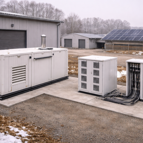 Small industrial site with backup generator and battery storage after an energy resilience upgrade, winter daylight, no text