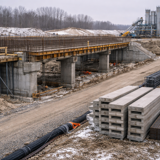 Major infrastructure reconstruction site in winter daylight in Ukraine with bridge works and utility trenching, dry matte surfaces, no text