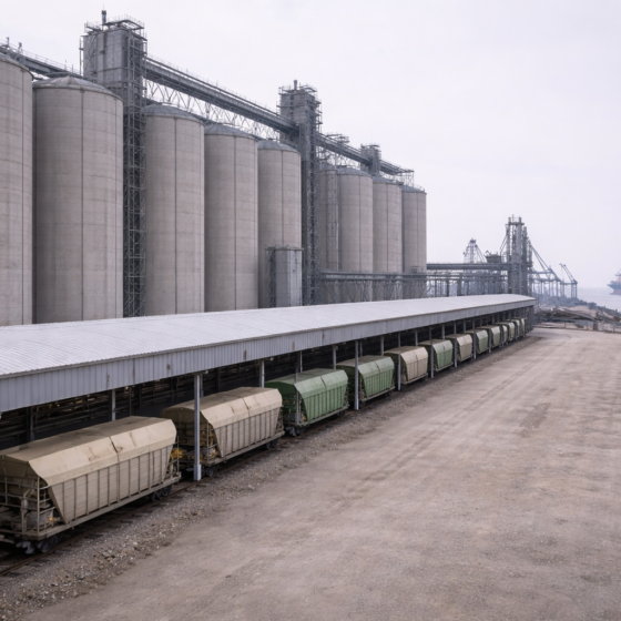 Grain export terminal near Odesa with silos, conveyors, and rail loading line, winter light, no text