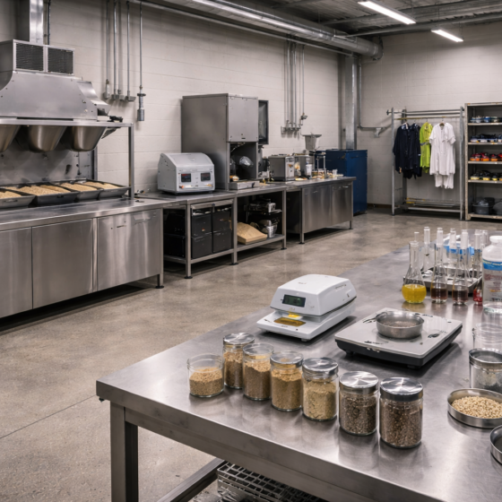 Agro quality control lab with sampling station and clean industrial workbenches in winter daylight, no text