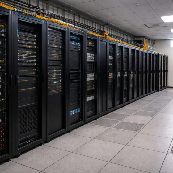 Secure data center room with server racks and power systems in winter daylight, dry matte surfaces, no text