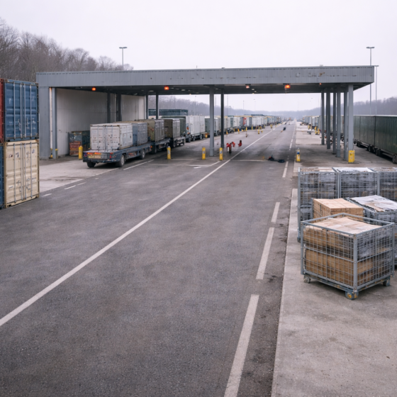 Modern border logistics terminal with freight trucks and inspection canopy in winter daylight, no text