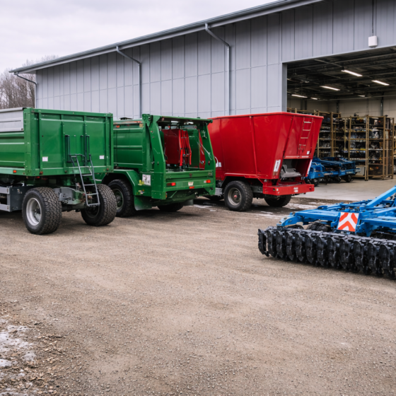 Row of modern farm trailers and soil tillage equipment at a Ukrainian agricultural machinery dealership yard in winter daylight, no text