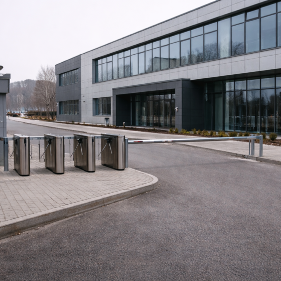 Modern industrial park administrative service center exterior in Ukraine, winter daylight, no text