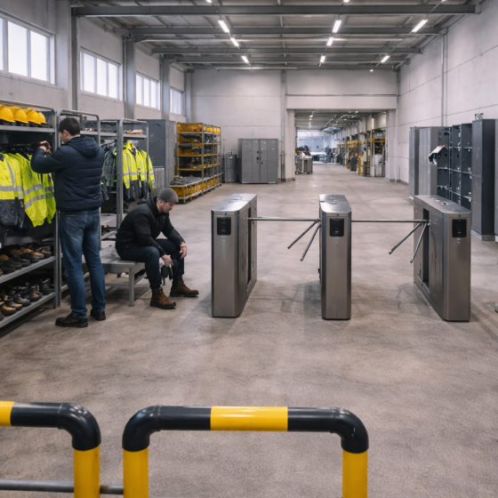 Industrial entry checkpoint with PPE racks and safety access controls in a modern Ukrainian facility, winter daylight, no text