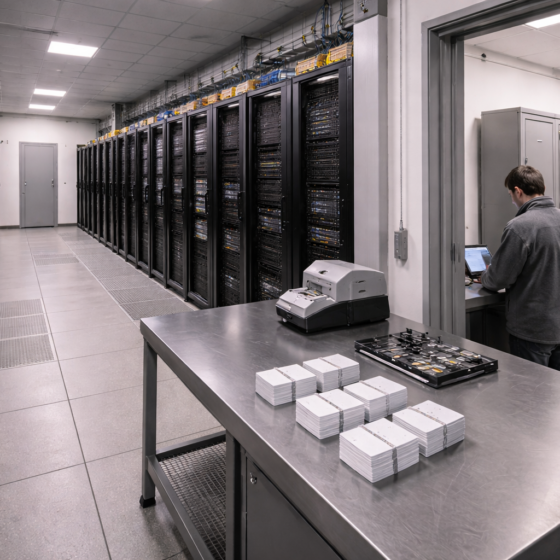 Secure payment processing data center in Ukraine representing automated fiscal accounting, no text, no logos