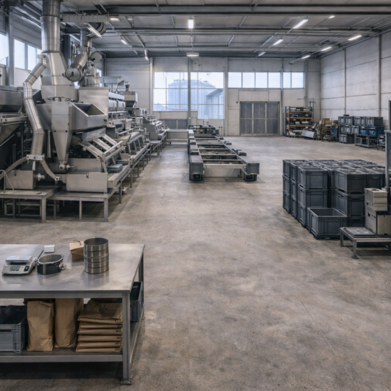 Modern grain processing line in a clean industrial facility with conveyors and bagging area, winter daylight, no text