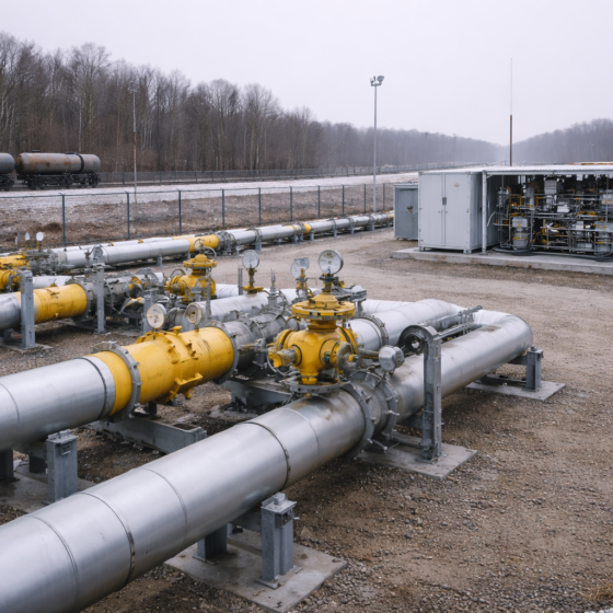 Gas transmission metering station near a border interconnector in winter daylight, no text