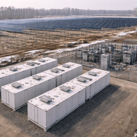 Solar PV site under construction with battery storage containers and a compact substation in winter daylight, no text