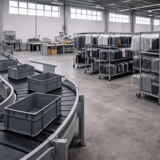 Modern apparel fulfillment facility with automated sortation and garment racks, winter daylight, no text