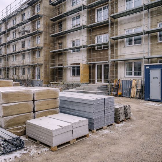 Residential building renovation with scaffolding and insulation retrofit in winter daylight, no text