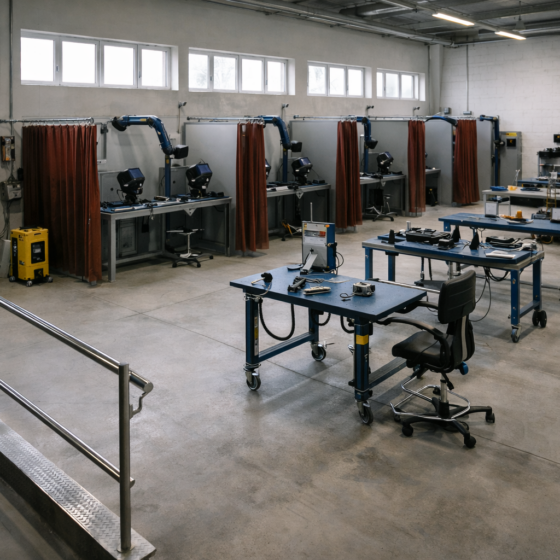 Accessible vocational training workshop with adapted workstations and wide pathways, winter daylight, no text
