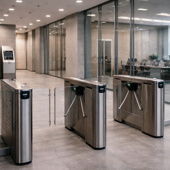 Modern secure bank service zone in Ukraine with access gates and minimalist interior, winter daylight, no text