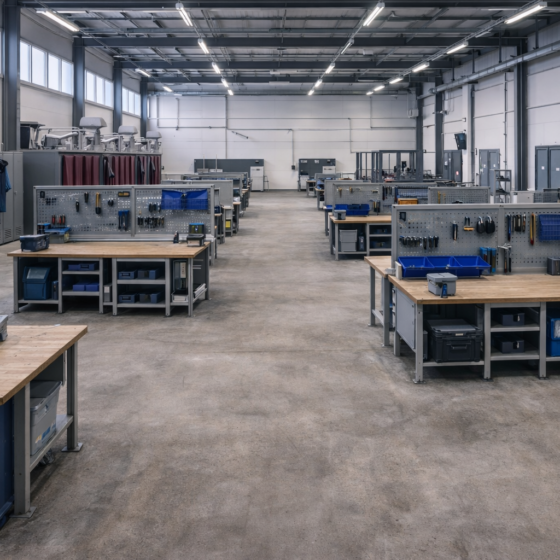 Modern industrial workshop with empty workstations and PPE racks, winter daylight, no text