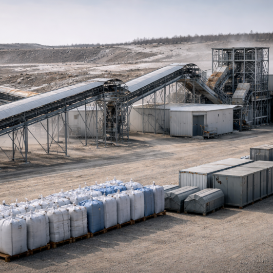 Industrial mining waste processing facility with enclosed conveyors and clean dry yard, winter daylight, no text
