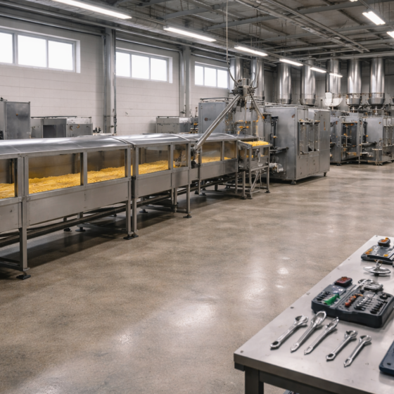 New food manufacturing production line with stainless steel equipment in winter daylight, dry matte surfaces, no text