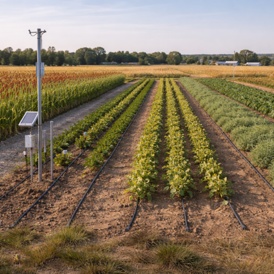 Agricultural research trial field in Ukraine with heat tolerant crops and drip irrigation, dry matte surfaces, natural light