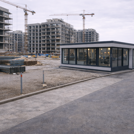 Residential construction site in winter daylight during an early sales launch, cranes and clean scaffolding, matte surfaces, calm documentary realism