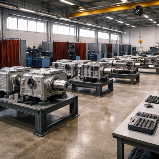 Machine-building factory hall in Ukraine with newly assembled mechanical modules and clean industrial workspace, winter daylight, no text
