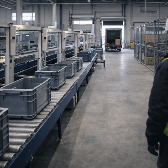 Clean cross-border parcel sorting hub for Ukraine to US deliveries with automated conveyors and reusable totes, dry matte surfaces, winter daylight