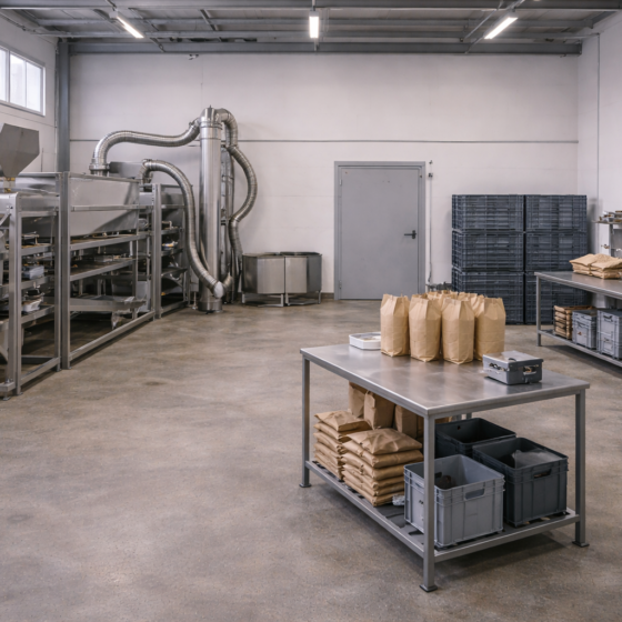 Small agro processing workshop with unbranded stainless equipment and clean packaging station, winter daylight, no text