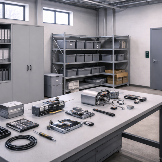 Secure product development workshop with prototypes and lockable storage, no text