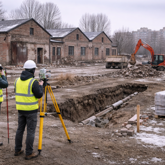 Urban brownfield redevelopment site with surveyors and refurbished brick workshops, winter daylight, no text