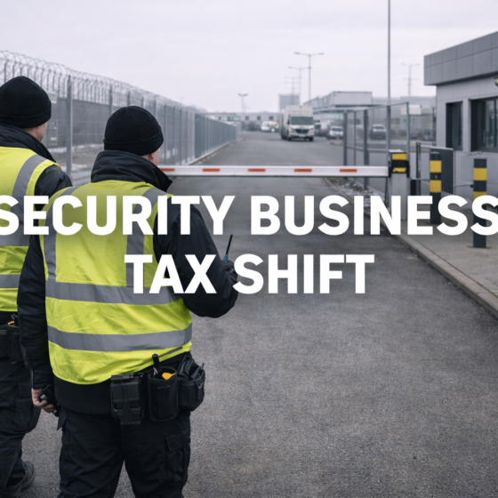 Private security team at an industrial logistics gate in winter daylight, clean matte surfaces, calm documentary realism