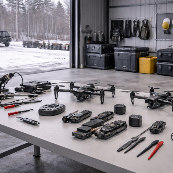 UAV R&D hangar with quadcopter frames and technicians inspecting components, winter daylight, no text