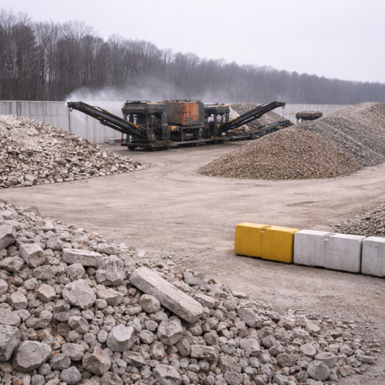 Construction and demolition waste recycling facility with crushing and screening line, no text