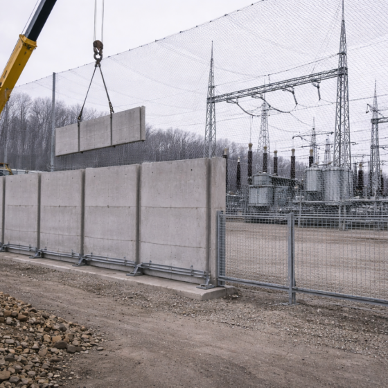 Reconstruction site installing protective blast walls and anti drone netting around critical infrastructure, no text
