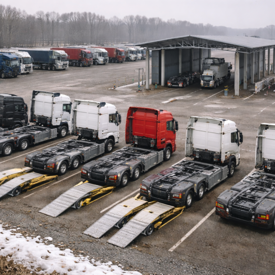 Border vehicle import yard with rows of heavy trucks under winter daylight, no text