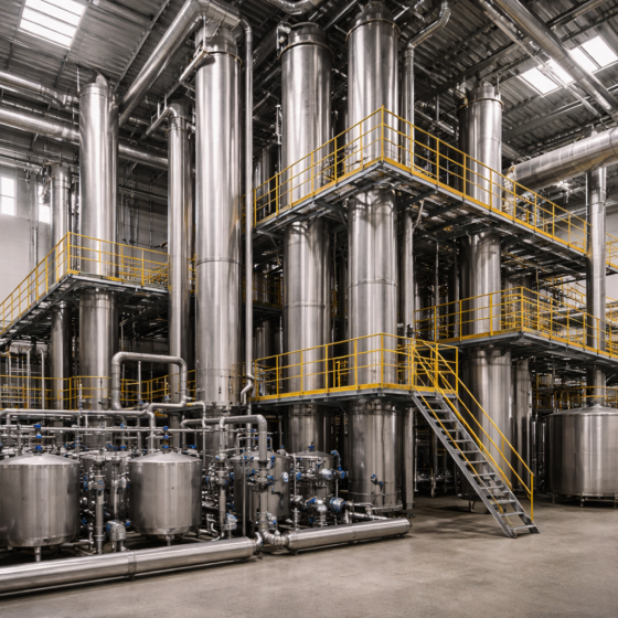 Modern agrifood deep-processing plant with an unlabeled bottling line in winter daylight