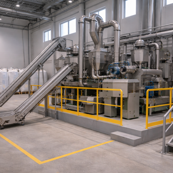 Agro processing facility with conveyors and compact processing line, winter daylight, dry matte surfaces