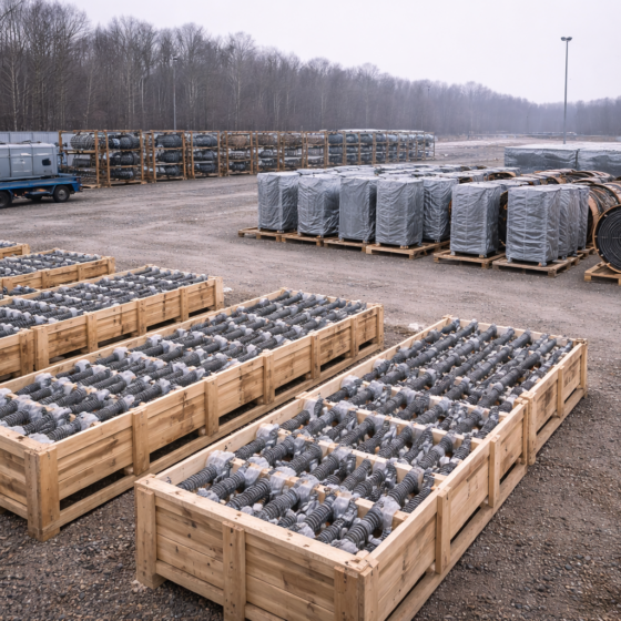 Regional grid service depot yard with cable drums and packaged switchgear in winter daylight, no text