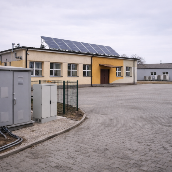 Municipal building with rooftop solar and clean energy distribution equipment in winter daylight, no text