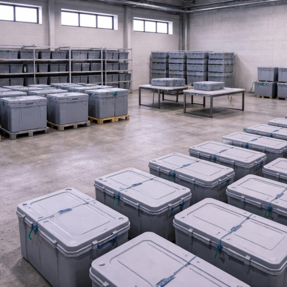 Secure logistics hub with sealed transport cases and containers, no text