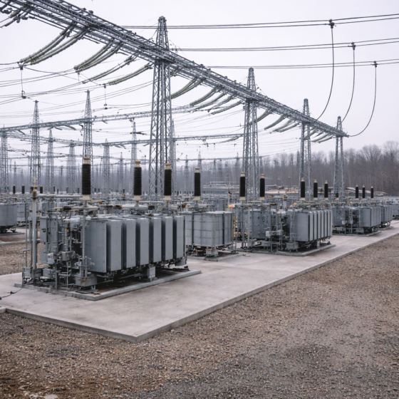 High voltage cross border interconnector substation with transformers in winter daylight, no text