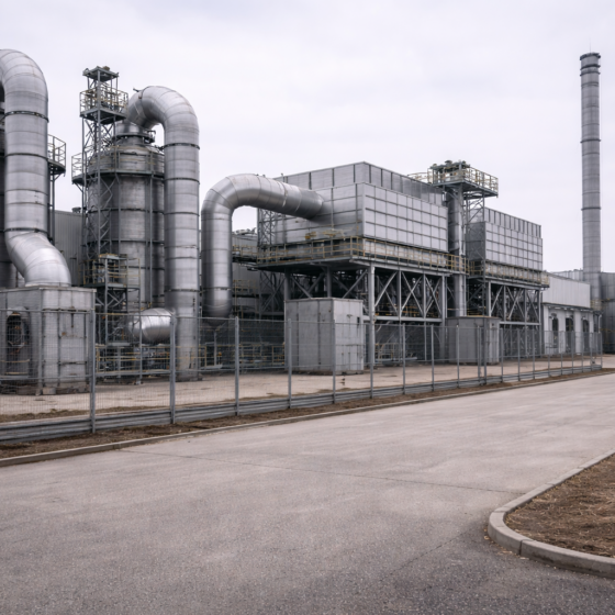 Industrial emission control equipment at a Ukrainian facility in winter, realistic documentary photo, no text