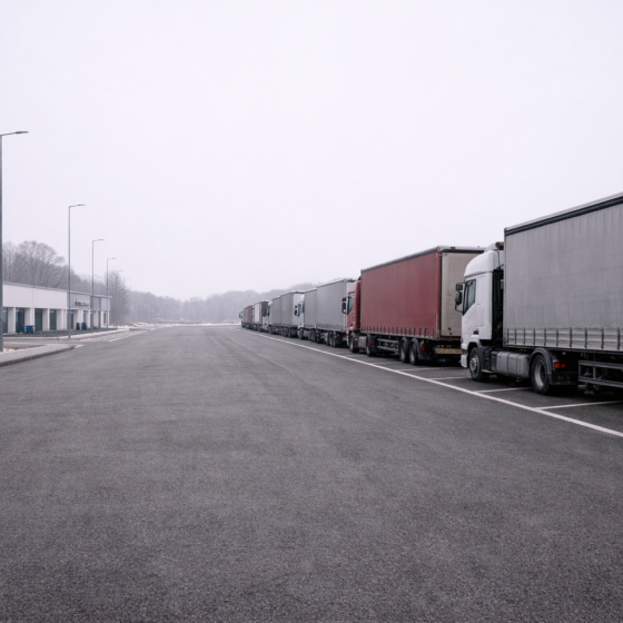European style truck rest area in Ukraine with parked freight trucks, winter daylight, dry matte surface