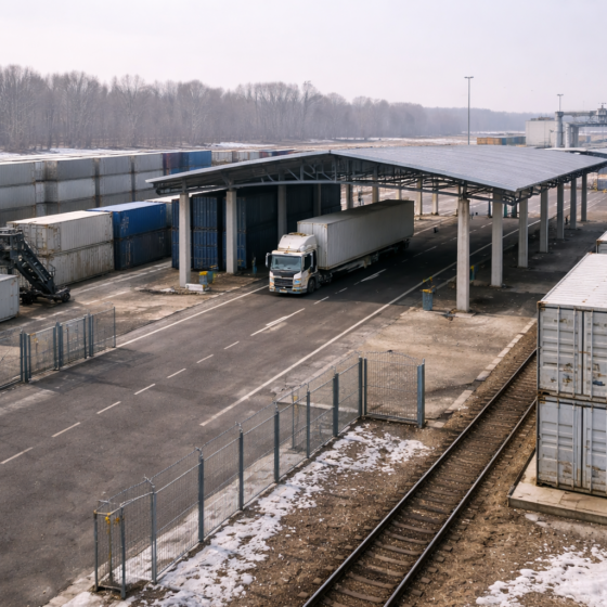 Secure intermodal export logistics hub with sealed containers and rail siding in winter daylight, no text