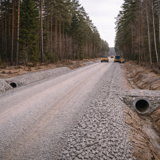 New gravel forest road construction in Ukraine with drainage culverts and road machinery in the distance, dry matte surfaces, winter daylight