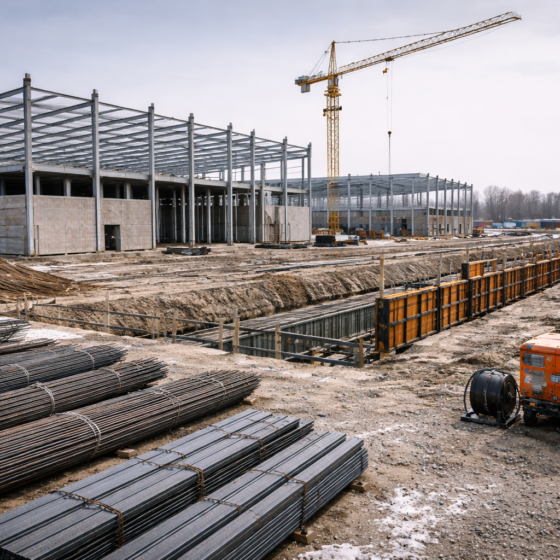 Industrial park construction site in winter daylight in Ukraine with cranes and steel frames, dry matte surfaces, no text