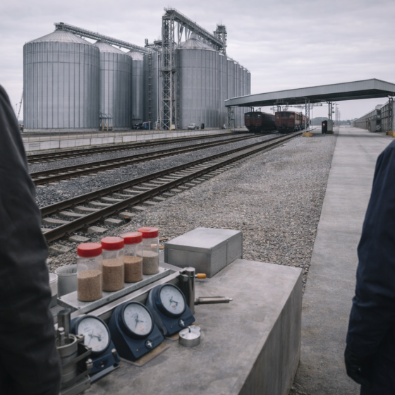 Modern grain elevator in Ukraine with rail loading and grain sampling station, dry matte surfaces, winter daylight