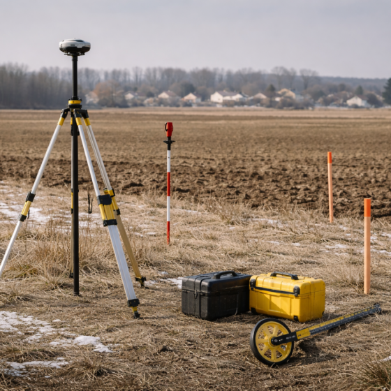 Cadastral land surveying equipment marking farmland plot boundaries in winter daylight in Ukraine, dry matte ground, no text
